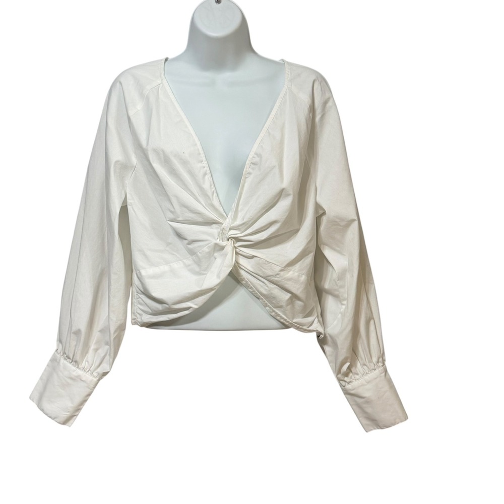 Abercrombie & Fitch White Twist Front Deep V-Neck Long Sleeve Crop Top Medium